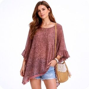 Umgee USA Pink Leopard Tunic Top Boho  Festival  Ruffle Sleeve Fringed Hem Large